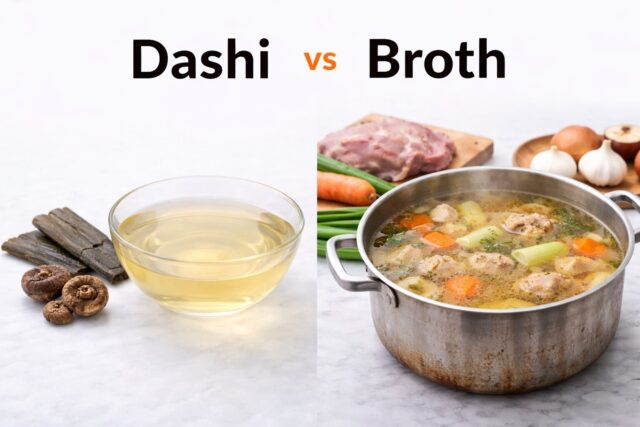 Comparison of Japanese dashi and Western broth showing clear dashi and rich meat stock