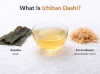 Kombu kelp, ichiban dashi broth, and katsuobushi dried bonito flakes used for Japanese dashi