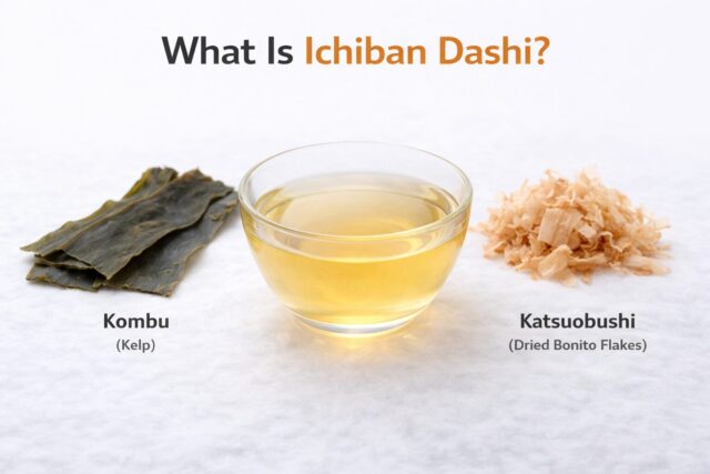 Kombu kelp, ichiban dashi broth, and katsuobushi dried bonito flakes used for Japanese dashi