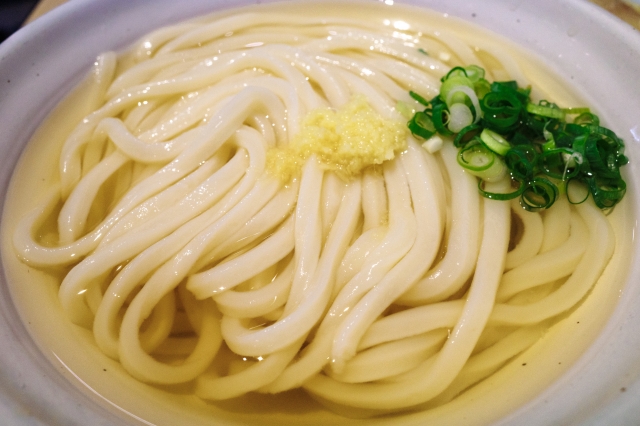 Kake udon noodles served in clear dashi broth
