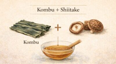 Illustration showing kombu and dried shiitake combined to make awase dashi.