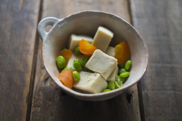 Simmered koya-dofu tofu with vegetables in Japanese broth