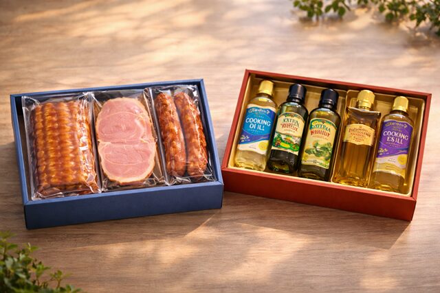 Japanese oseibo gift sets including food items such as meat and cooking oil