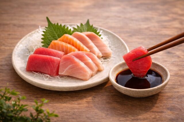 Assorted sashimi served with a small dish of dark soy sauce, with a piece of tuna being dipped.