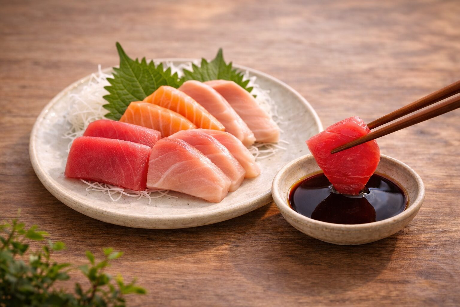 Sashimi served with tamari soy sauce in a dipping bowl