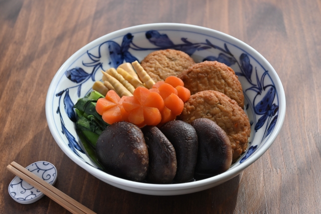 Japanese nimono dish featuring simmered shiitake mushrooms and vegetables