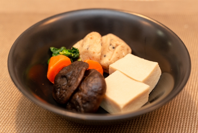 Japanese simmered dish with shiitake mushrooms and tofu in a light soy-based broth