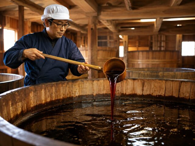 Brewer drawing dark tamari from a large wooden fermentation vat in a traditional Japanese brewery.