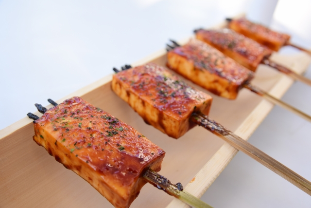 grilled tofu dengaku topped with sweet miso glaze on skewers