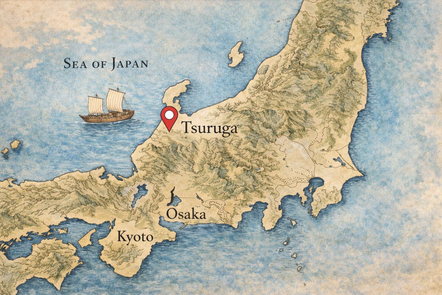 map showing Tsuruga port and the historical kombu trade route in Japan
