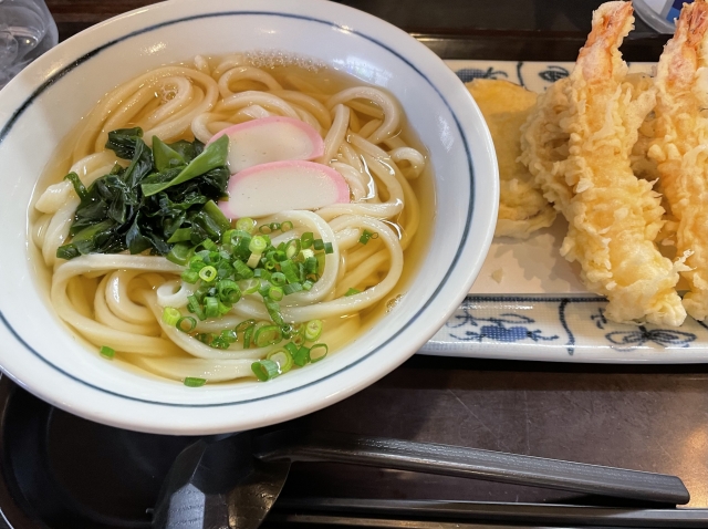 Tempura udon noodles served in hot dashi broth