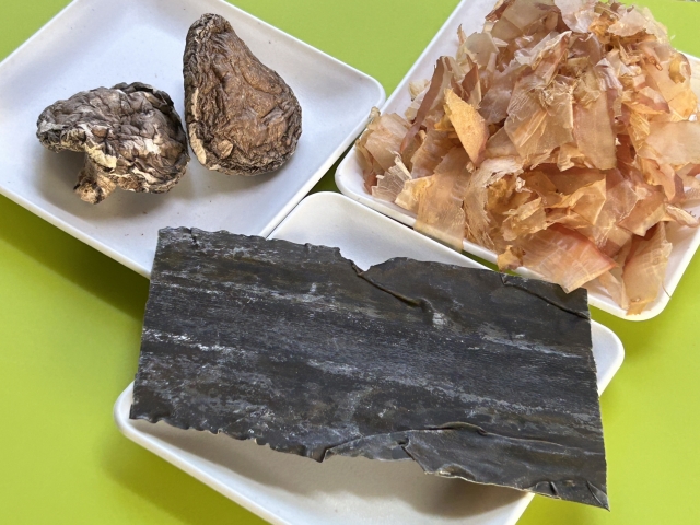 Kombu, katsuobushi, and dried shiitake mushrooms as natural sources of glutamate, inosinate, and guanylate.
