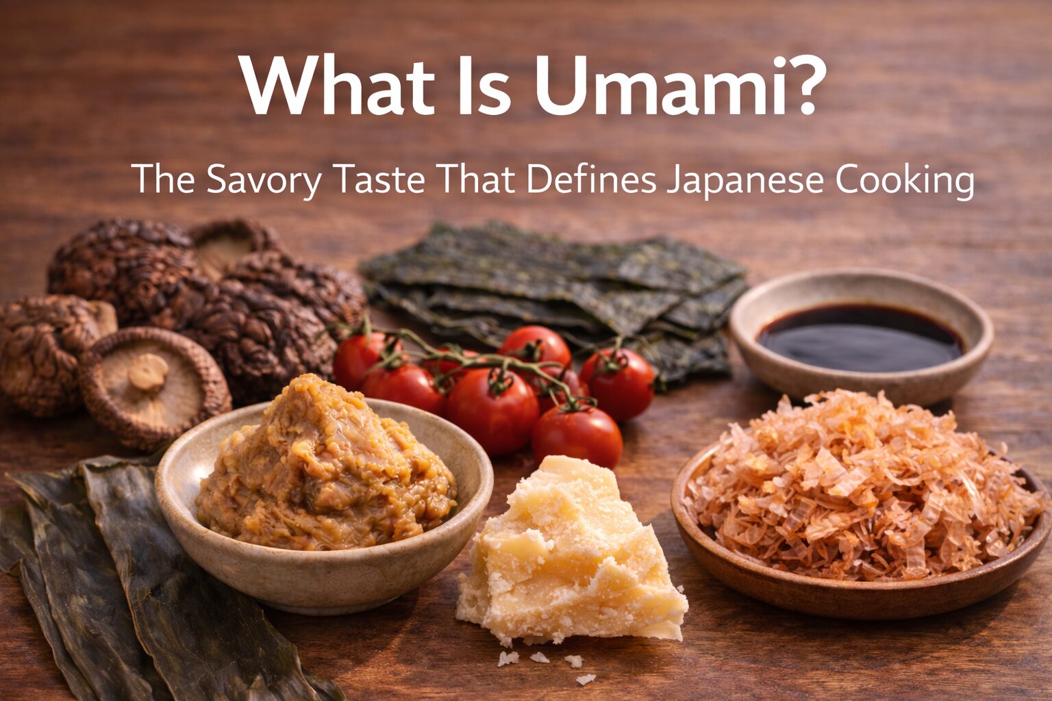 Ingredients rich in umami such as kombu, katsuobushi, miso, tomatoes, mushrooms, and soy sauce displayed together to illustrate the savory taste that defines Japanese cooking