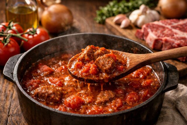slow cooked meat and tomato sauce demonstrating umami synergy between tomatoes and meat