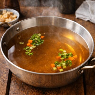 clear Western consommé soup demonstrating clarified broth