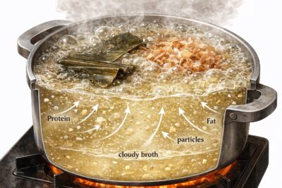 diagram showing proteins fat and particles causing cloudy broth during boiling