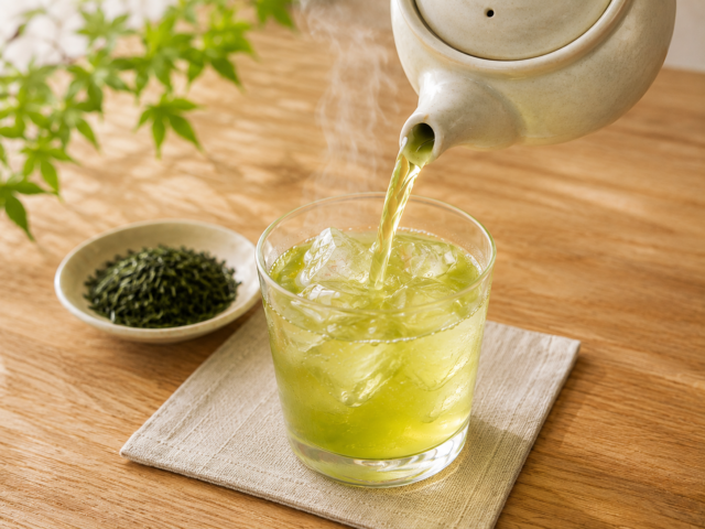 Hot Japanese green tea being poured from a kyusu over ice for rapid chilling