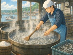 Small fish being boiled in salted water during niboshi production