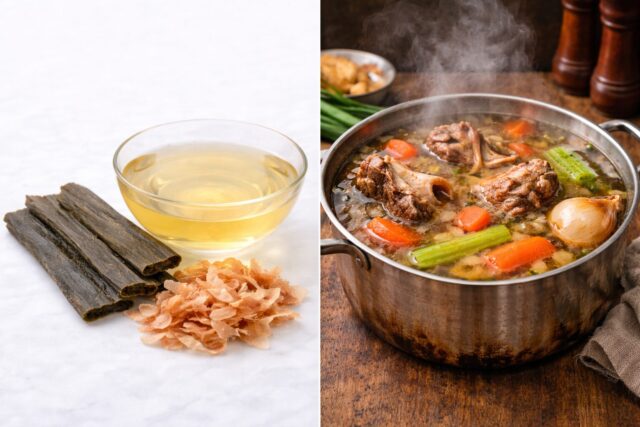 comparison between clear Japanese dashi and rich Western bone broth