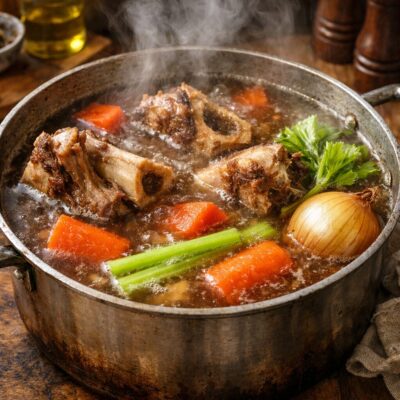 Western stock simmering with bones vegetables and fat
