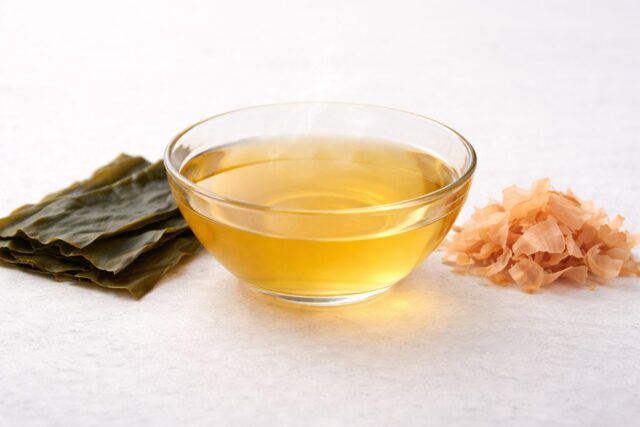 kombu seaweed and katsuobushi bonito flakes next to a bowl of clear dashi broth
