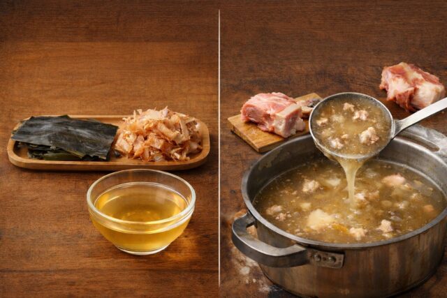 comparison of kombu katsuobushi dashi ingredients and cloudy simmered meat broth