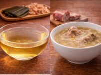 clear Japanese dashi broth next to cloudy Western meat broth comparison