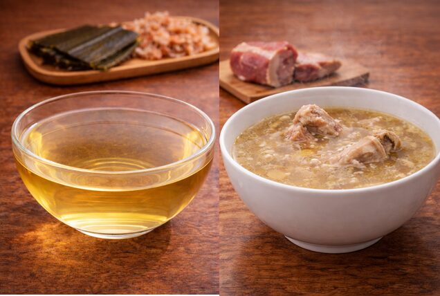 clear Japanese dashi broth next to cloudy Western meat broth comparison