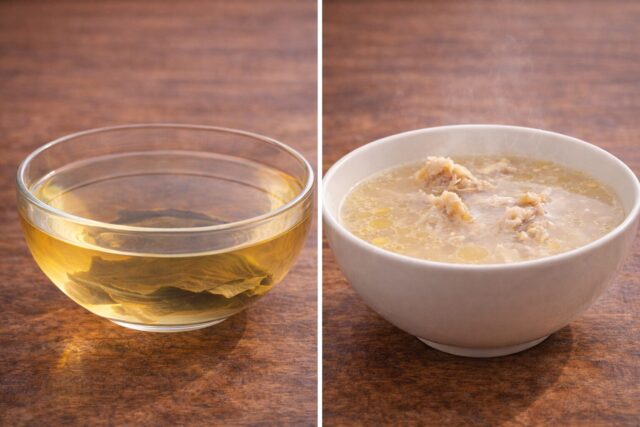 clear dashi broth compared with cloudy meat broth in bowls