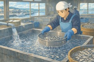 Fresh small fish being washed in baskets at a coastal processing facility