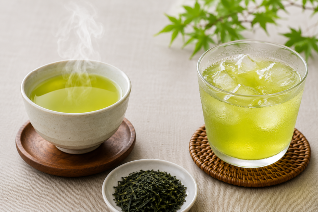 Hot and iced Japanese green tea made from the same tea leaves
