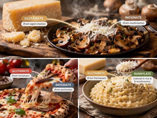 examples of umami synergy in global cuisine including cheese mushrooms pizza and risotto