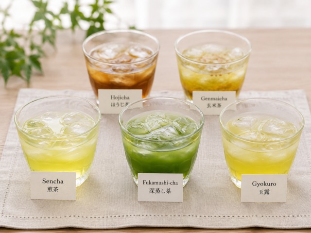 Five Japanese teas served cold: sencha, fukamushi-cha, gyokuro, hojicha, and genmaicha