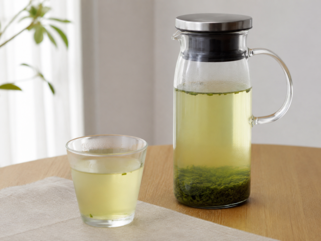 A pitcher of mizudashi Japanese green tea with tea leaves steeping in cold water beside a glass