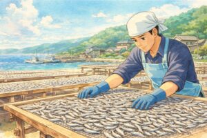 Small fish drying on racks in the sun during niboshi production