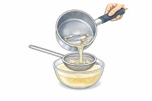 Straining niboshi dashi through a sieve