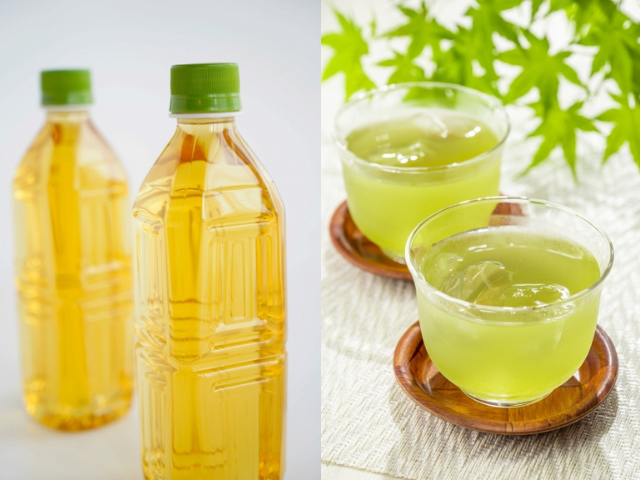 Bottled tea and glasses of cold green tea illustrating the broad meaning of reicha in Japan