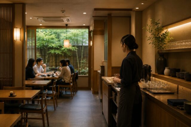 Japanese restaurant staff quietly observing the dining area from a distance while customers enjoy their meal