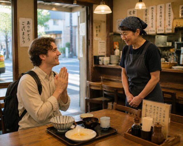 Foreign tourist saying “Gochisousama deshita” to staff inside a Japanese diner