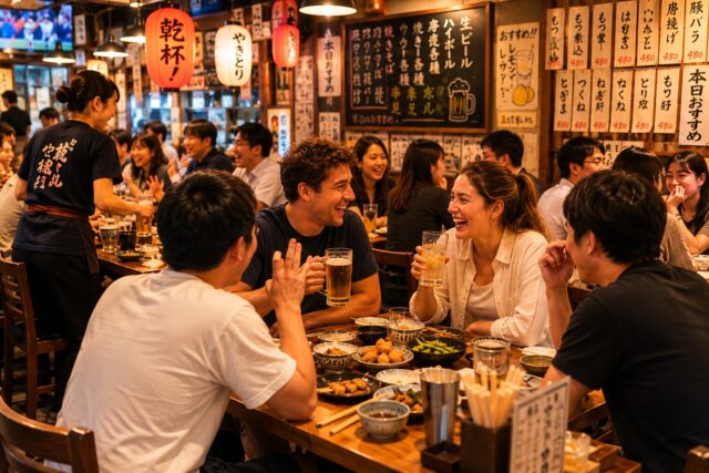 Crowded Japanese izakaya filled with groups of diners enjoying lively conversation, illustrating that not all restaurants in Japan are quiet