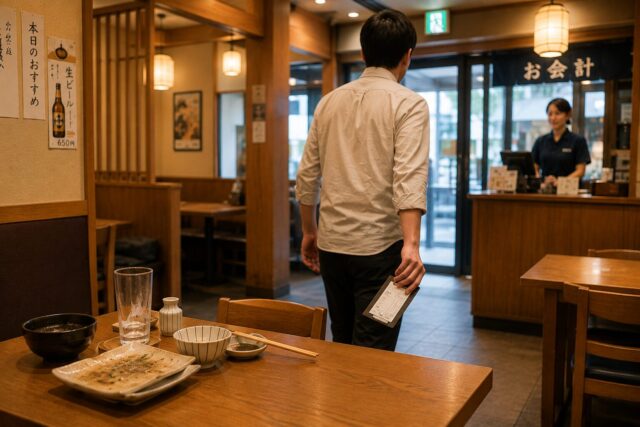 Customer carrying the restaurant bill to the register near the entrance of a Japanese restaurant