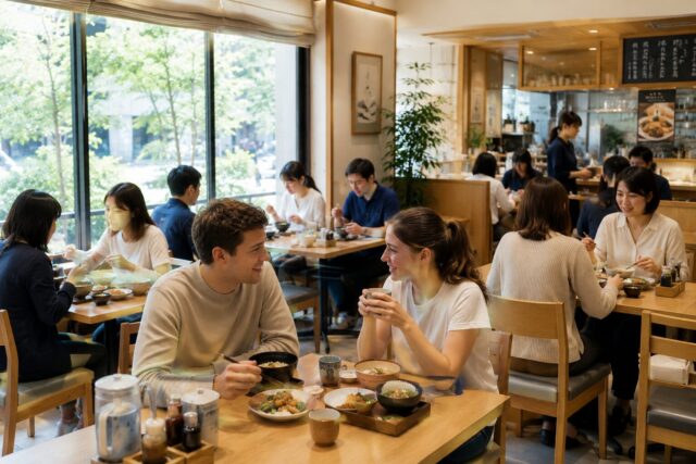 Foreign visitors and Japanese diners enjoying lunch in a modern Japanese restaurant, sharing the dining space comfortably while maintaining a calm and balanced atmosphere