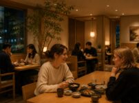 Foreign travelers enjoying a relaxed conversation in a modern Japanese restaurant while other diners quietly share the space, creating a calm and comfortable atmosphere