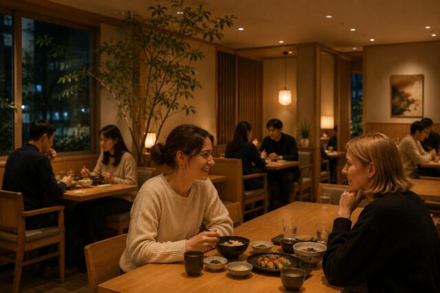 Foreign travelers enjoying a relaxed conversation in a modern Japanese restaurant while other diners quietly share the space, creating a calm and comfortable atmosphere