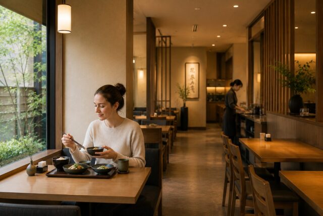 Woman quietly dining alone in a calm Japanese restaurant with staff working quietly in the background