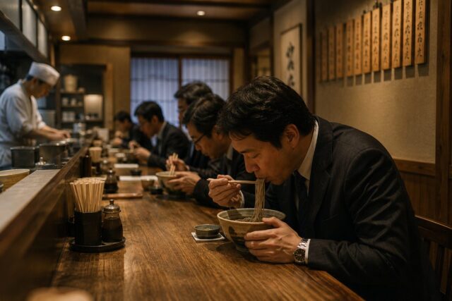 Japanese businessman quietly slurping noodles at a counter-style soba restaurant while other customers eat nearby