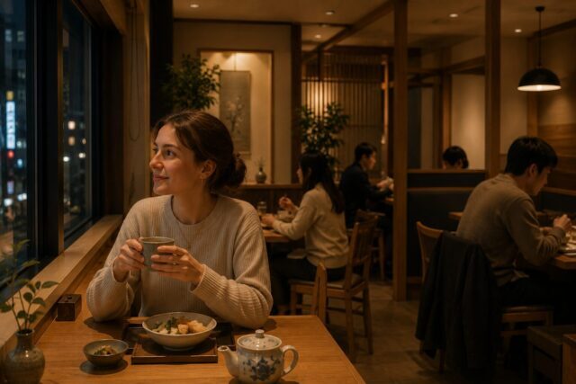 Foreign visitor relaxing with a meal and tea in a quiet Japanese restaurant, enjoying the calm atmosphere while other customers dine peacefully nearby