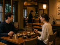 Foreign visitors enjoying a quiet meal in a calm Japanese restaurant while staff remain in the background to avoid interrupting the dining atmosphere