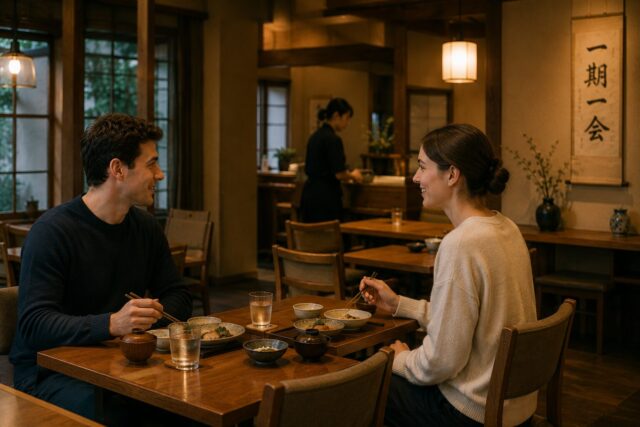Foreign visitors enjoying a quiet meal in a calm Japanese restaurant while staff remain in the background to avoid interrupting the dining atmosphere