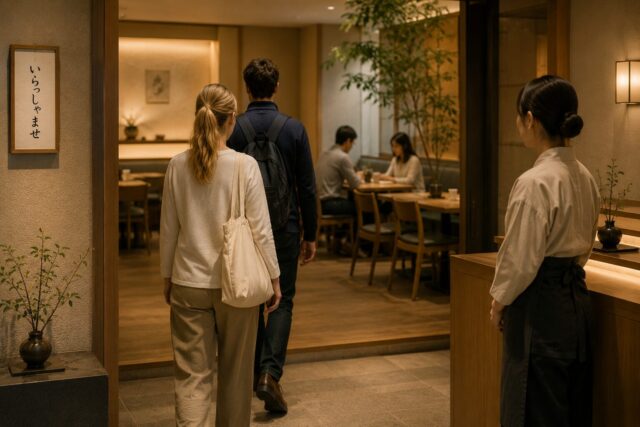 Foreign visitors walking into a calm Japanese restaurant while a staff member quietly watches from a respectful distance near the entrance